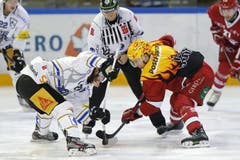 Josh Holden (links) vom EV Zug im Bully gegen Juha-Pekka Hytoenen (rechts) vom HC Lausanne. (Bild: Keystone)