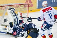 Die Zuger Tobias Stephan, links, und Raphael Diaz im Spiel gegen Zürichs Mattias Sjoegren. (Bild: Alexandra Wey/Keystone)