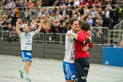 Die Krienser bejubeln den Einzug in die Finalrunde. Von Links nach Rechts: Boris Stankovic, Luca Spengler und Roman Schelbert (Bild: Dominik Wunderli (Neue LZ))