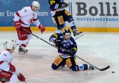 Der Zuger Rob Schremp (rechts) spielt auf den Knien weiter. (Bild: Keystone / Urs Flüeler)