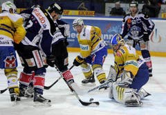 Bjoern Christen vom EV Zug scheitert an Goalie Leonardo Genoni vom HC Davos. (Bild: Keystone)
