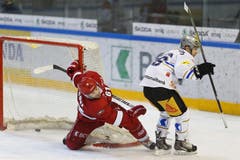 Der Zuger Lino Martschini, (rechts) spielt den Puck am Lausanner Florian Conz vorbei ins Tor. (Bild: Keystone)