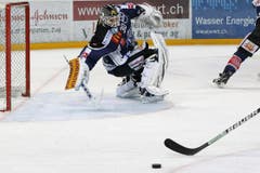Der Zuger Goalie Jussi Markkanen hält einen Schuss. (Bild: Keystone)