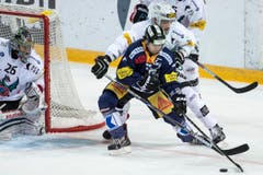 Der Zuger Stürmer Fabian Schnyder, Mitte, im Spiel gegen den Fribourg Goalie Reto Lory, links, und den Fribourger Verteidiger Alexandre Picard, rechts, am Samstag, 5. Dezember 2015, in der Bossard Arena in Zug. (Bild: Keystone/ Alexandra Wey)