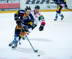 Zugs Samuel Erni vor Andreas Falk am Puck. (Bild: Corinne Glanzmann)