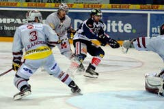 Gian-Andrea Randegger, Kevin Hecquefeuille, von Genf, Fabian Schnyder vom EV Zug und der Genfer Goalie Tobias Stephan. (Bild: Keystone)