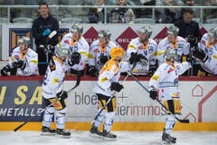 Es ist vollbracht: Die Zuger gratulieren sich in der Tissot Arena in Biel. (Bild: Photopress / Marcel Bieri)