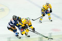 Zugs Josh Holden von Zug (links) im Duell mit Davos' Claude-C. Paschoud, beobachtet von Andres Ambühl. (Bild: Keystone)