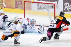 Berns Martin Pluess erzielt das Tor zum 4-1 gegen Zugs Torhüter Tobias Stephan. (Bild: Keystone/PETER KLAUNZER)