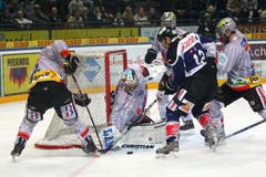 Zugs Fabian Sutter (zweiter von rechts) scheitert an Biels Torhüter Reto Berra. (Bild: Philipp Schmidli / Neue LZ)