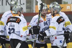 Die Zuger Josh Holden, Santeri Alatalo, Torschütze Sandro Zangger, Johann Morant und Dario Bürgler bejubeln das erste Tor für den EVZ. (Bild: Keystone / Marcel Bieri)