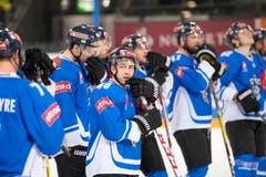 Das Spiel ist aus; die Zuger sichtlich enttäuscht. Das Rückspiel in der Champions Hockey League geht mit 1:2 verloren. (Bild: Keystone / Urs Flüeler)