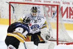 Berns Christoph Bertschy erzielt das 1:1, Zugs Jussi Markkanen ohne Abwehrchance. (Bild: Keystone)