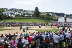 Der Blick in die Arena des 93. Schwing- und Älplerfestes in Schindellegi. (Bild: Keystone / Alexandra Wey)