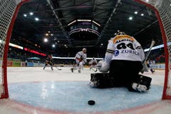 Der Zuger Dominic Lammer, links, im Spiel gegen Lugano Verteidiger Steve Hirschi, Mitte, und Lugano Goalie Daniel Manzato. (Bild: Keystone/Alexandra Wey)
