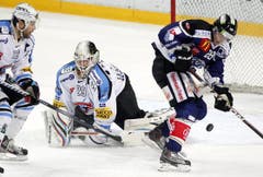 Patrick Oppliger im Angriff vor Fribourgs Goalie Simon Rytz.