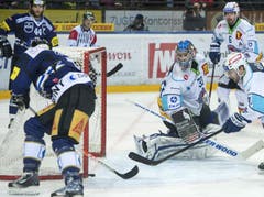Björn Christen vom EVZ beschäftigt Lakers Goalie David Äbischer. (Bild: Keystone)