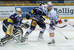 Goalie Michael Tobler und Tim Ramholt vom EVZ gegen den Rapperswiler Jordan Murray. (Bild: Keystone)