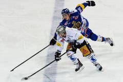 Zugs Lino Martschini (vorne) im Duell mit dem Davoser Gregory Hofmann. (Bild: Keystone)