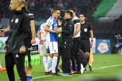 Grasshopper Interimstrainer Mathias Walther beschwichtigt seinen Schützling, Marko Basic, der verletzt das Spielfeld verlassen muss. (Bild: Freshfocus)