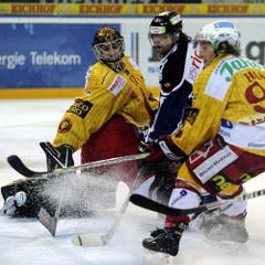 Der Zuger Josh Holden, Mitte, gegen Goalie Urban Leimbacher und Lukas Haas von den Tigers. (Bild: Keystone)