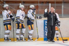 Sandro Zangger, Sven Senteler, Josh Holden und EVZ-Trainer Harold Kreis (von links) beim ersten offiziellen Training. (Bild: Keystone / Urs Flüeler)