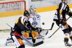Zug-Torhüter Tobias Stephan fängt einen Puck. (Bild: Samuel Golay / Keystone)
