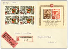 Ersttagesbrief aus den 1940er-Jahren. Auf Ersttagsbriefen kleben Marken, die an ihrem ersten Gültigkeitstag verschickt und gestempelt wurden. Solche Stücke liegen enorm im Trend, vor allem wenn die Qualität gut und der Brief selten ist. Erzielter Verkaufspreis: 10’980 Franken. (Bild: pd)