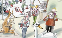 25. Februar. Das Kinderwagen-Verbot im Naturmuseum löst heftige Diskussionen aus. Die Lösung gibt die Tierwelt vor: So hat’s jetzt nicht nur unter den Exponaten Beuteltiere, sondern auch unter den Besuchern. (Bild: Corinne Bromundt)