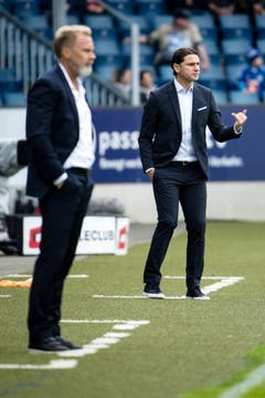 Die beiden Trainer im Fokus: Luzern-Trainer Gerardo Seoane (rechts) und GC-Trainer Thorsten Fink. | Bild: Philipp Schmidli (Luzern, 13. Mai 2018)