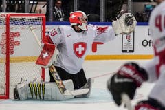 Leonardo Genoni fährt seine Fanghand aus. | Bild: Andy Müller / Freshfocus (Herning, 17. Mai 2018)