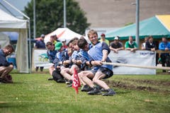 Der Seilziehclub Thurtal gibt in Stans alles. Bild: Manuela Jans-Koch (Stans, 19. Mai 2018)