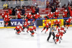 Jubel bei den Schweizer Spielern nach Spielschluss. | Bild: Salvatore Di Nolfi (Kopenhagen, 19. Mai 2018)
