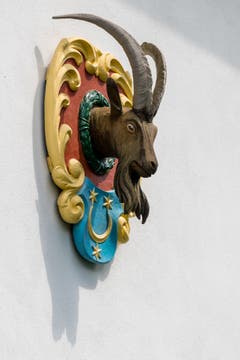 Geissbock mit dem am Rhyn-Familienwappen an der Westfassade des Freihofs. (Bild: Philipp Schmidli (Luzern, 18. Mai 2018))