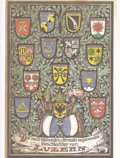 Die Familienwappen der noch heute aktiven (blühenden) ehemals regierenden Geschlechter von Luzern. (Bild: PD)