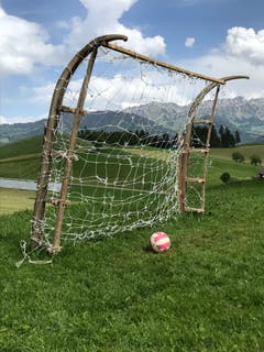 Die Fussball-WM kann beginnen! Dieses Tor Marke Eigenbau befindet sich auf der fast 1'000 Meter über Meer liegenden Liegenschaft "Rehärze" oberhalb von Schüpfheim! (Bild: Hubert Aregger)