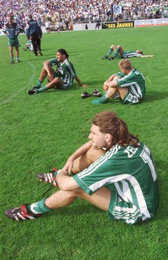 Die St.Galler Marc Zellweger, Wilco Hellinga und Edvaldo Pereira (von vorne) können es nicht fassen: Der Cupfinal ist verloren. (Rainer Bolliger)