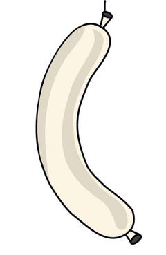 Glarner Kalberwurst: Ihrem Ziger sind nicht alle grün. Eher ihrer Kalberwurst, in der es auch Milch und Weissbrot drin hat? Serviert wird die weisse Wurst an weisser Zwiebelmehlsauce. Food-Stylisten gab es bei der Erfindung noch keine. Aber: Schmeckt viel besser, als es aussieht. (Illustration: Selina Buess)