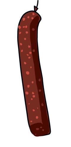 Landjäger: Viereckig und 17 cm lang ist die Rohwurst aus Rindfleisch (im Pantli hat’s auch Schweiniges). Der Landjäger ist ein treuer Wanderbegleiter. Wenn man ihn lange genug im Rucksack lässt, kann er auch als Schlagstock dienen. Rührt daher der seltsame Name? (Illustration: Selina Buess)