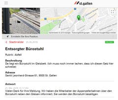 Anders als die beiden vorangehenden Entsorgungstricks nicht wirklich üblich ist das Deponieren des Bürostuhls auf den Gleisen vor der Leonhardsbrücke. (Illustration: Stadt St.Gallen)