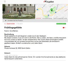 Auch das gibt's im St.Galler Stadtmelder: Einer bedankt sich für die Frühlingsgefühle, die ihm das Tulpen-Arrangement rund um den Gaukler-Brunnen im Stadtpark bereitet hat. (Illustration: Stadt St.Gallen)