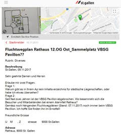 Falls das Rathaus wieder einmal brennt: Wo besammeln sich jene, die aus dem brennenden Gebäude geflüchtet sind, wenn der VBSG-Pavillon auf dem Bahnhofplatz als Sammelpunkt angegeben ist, aber bereits nicht mehr steht? Die Notfalltafel müsste gemäss Antwort an den Fragesteller inzwischen ausgewechselt sein. (Illustration: Stadt St.Gallen)