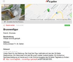 Die Brunnenfigur an der Kreuzung Dufour-, Tigerberg- und Winkelriedstrasse hat im Mai - nicht zum ersten Mal - den Kopf verloren. (Illustration: Stadt St.Gallen)