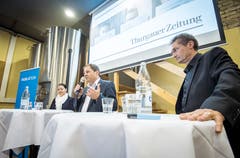 Frauenfeld TG - Informationsanlass der TZ im Brauhaus Sternen. Im Bild: Podium über die Lage der TZ mit Regierungsrätin Carmen Haag, Moderator und TZ-Redaktor Mario Testa, TZ-Chefredaktor David Angst und Beat Guhl, CEO der Sky-Frame AG. Bild: Reto Martin.