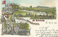 Ein Grusskarte vom St.Galler Jugendfest. Postalisch gelaufen ist sie 1898, und zwar mit einem stenografischen Gruss. Neben den bis heute bekannten Elementen des Festes ist das Schlussmanöver des heute nicht mehr existierenden Kadettenkorps der Kantonsschule am Burggraben abgebildet.