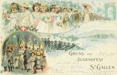 Weniger martialisch kommt die am Jugendfest vom 30. Juli 1901 verschickte Grusskarte daher. Der Umzug mit den Blumenmädchen und die Abendunterhaltung sind hier zentrale Elemente.