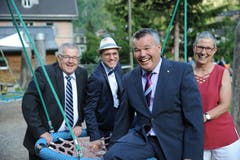 Landratspräsident Peter Tresch (vorne) mit seinen Ratsleitungskollegen Ruedy Zgraggen, Pascal Blöchlinger und Ratleitungskollegin Sylvia Läubli (von links). (Bild: Urs Hanhart (Göschenen, 20. Juni 2018))