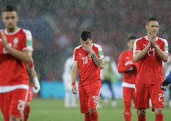 Nun auch ncoh Regen: Spieler Serbiens nach dem Ende der Partie (Bild: AP Photo/Matthias Schrader)