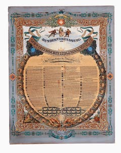 Als Geschenk an den ersten Nationalrat hat der Solothurner Maler Laurenz Lüthi die Bundesverfassung umrahmt mit den Wappen der Kantone. Oben thront Helvetia mit Lorbeerkranz und Streitaxt, Reverenz erweisen ihr Wilhelm Tell und Winkelried. Unten links verspricht eine Frau mit Füllhorn Reichtum. (Bild: Landesmuseum)