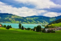 Blick auf den Ägerisee, der an diesem Tag in grüner Farbe leuchtete. (Bild: Ernst Rohrer (Maisbühl Ägeri, 28. Juni 2018))